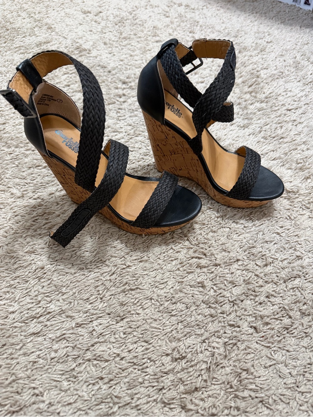 Braided Black Cork Wedge Sandals - 7
